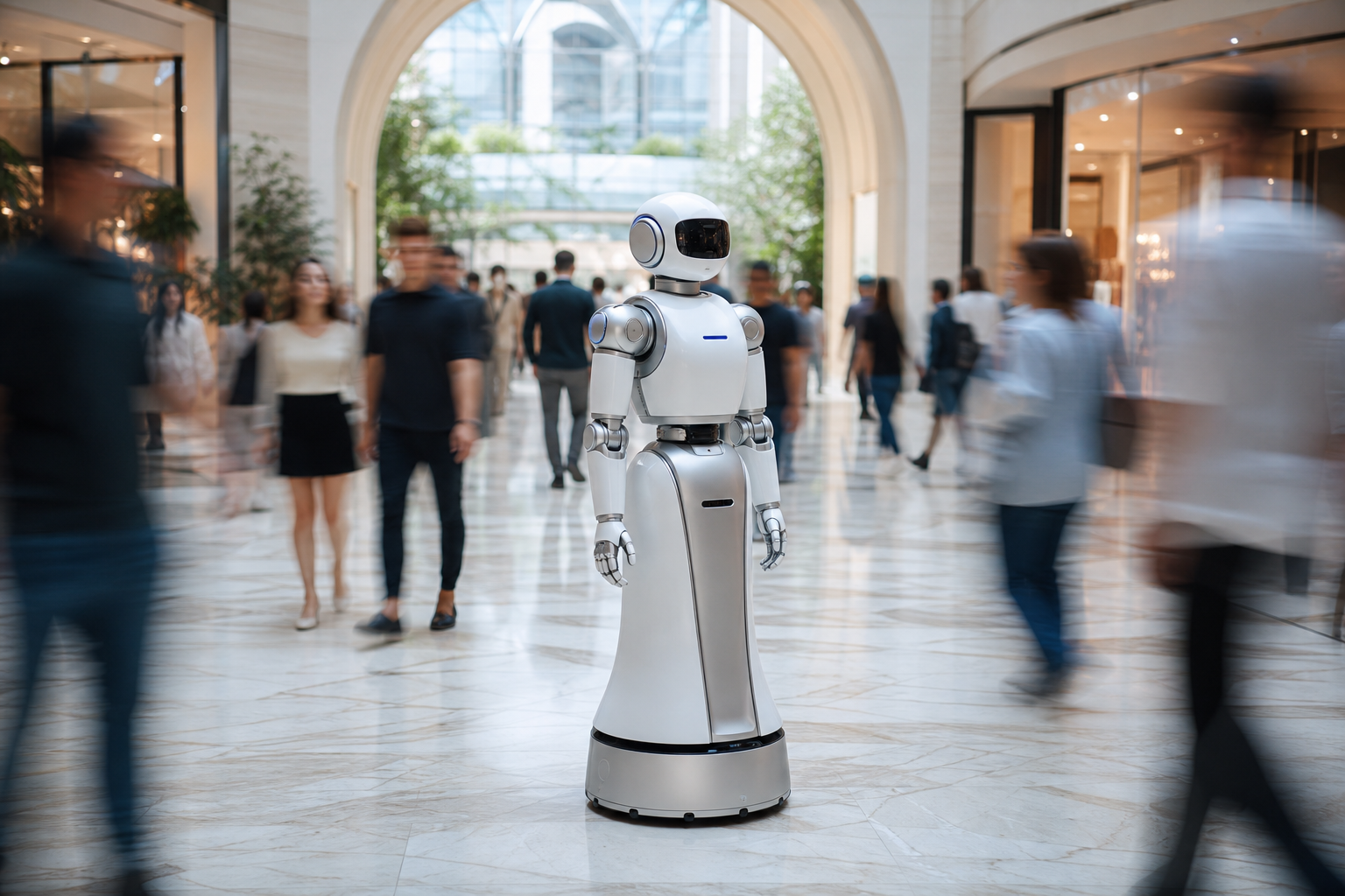 A sleek humanoid robot standing calmly amidst blurred shoppers in a modern mall atrium