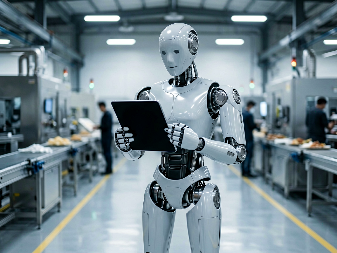 A humanoid robot performing quality inspection on an assembly line with subtle signs of mechanical wear