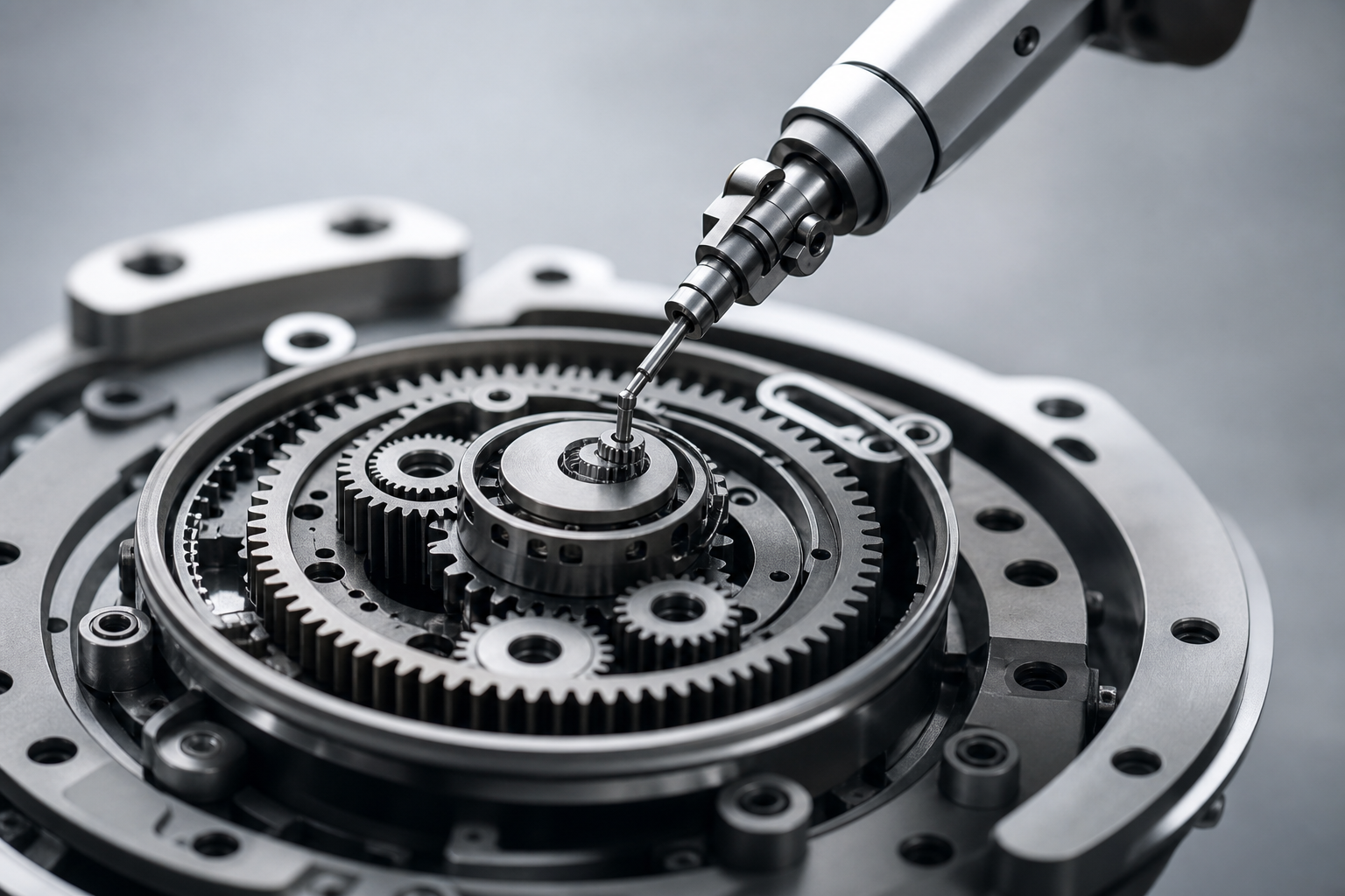 A macro shot of a mechanical gear being adjusted by a robotic arm, symbolizing automated system tuning.