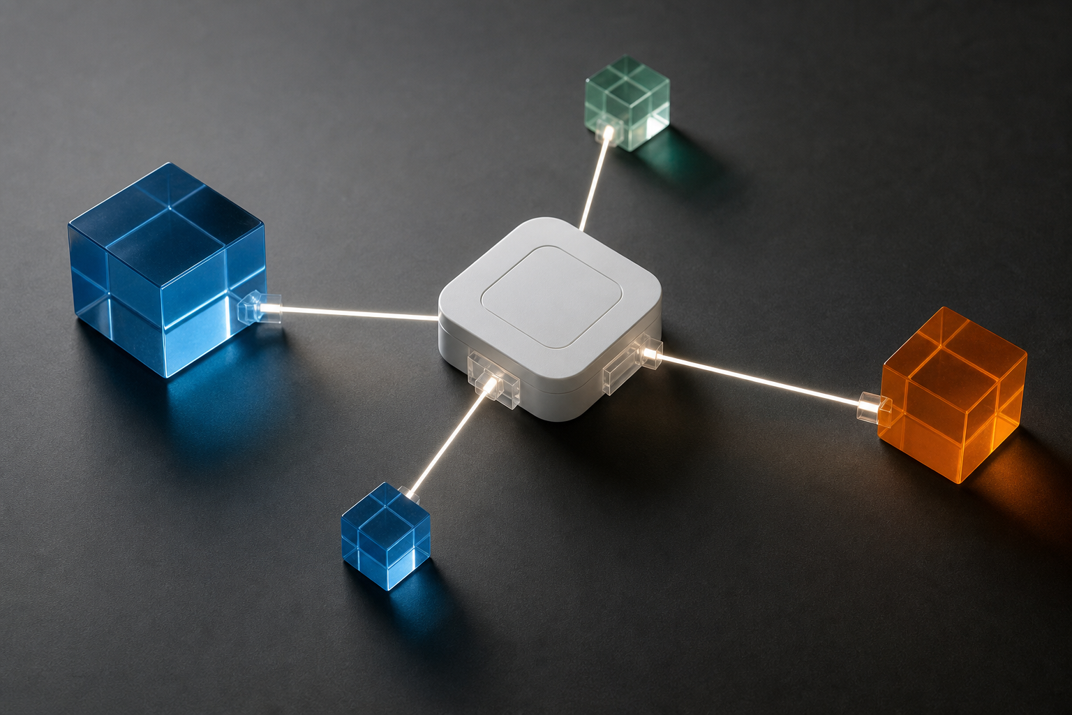 Abstract representation of digital task orchestration connecting various app modules