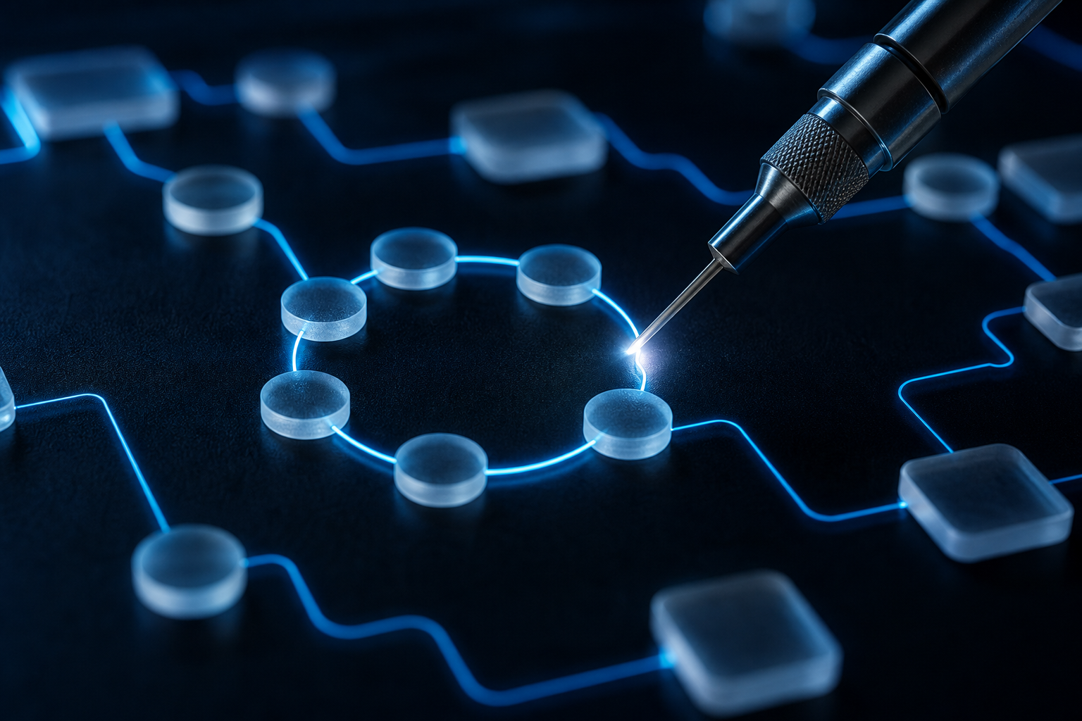 A conceptual 3D visualization of a logical flow loop being interrupted by a precision tool.