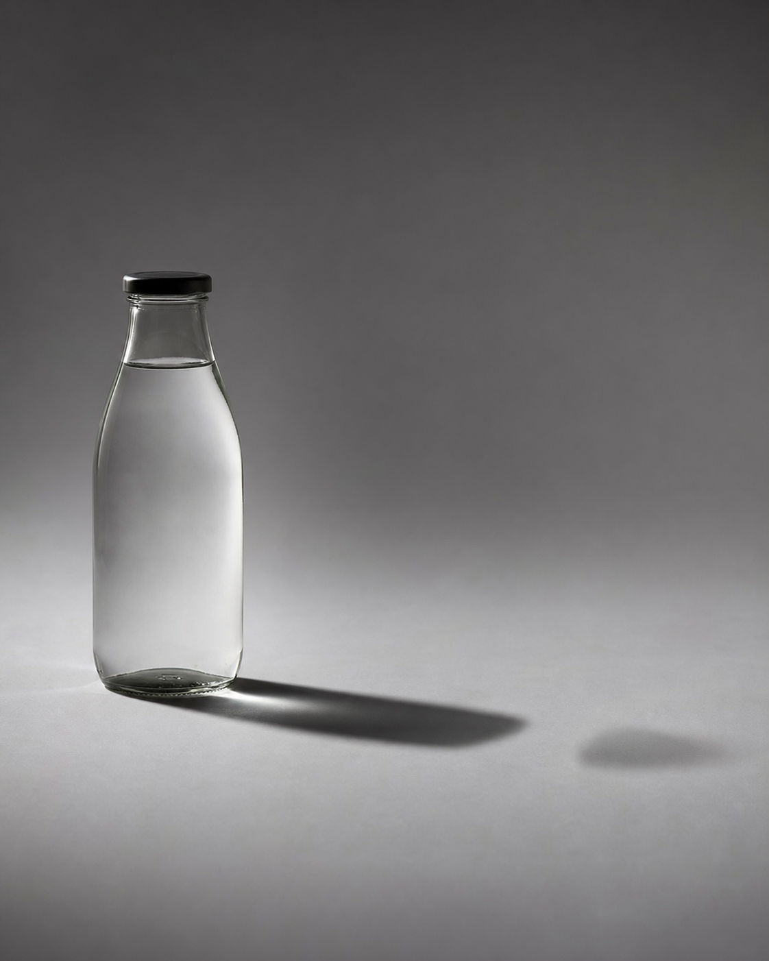 A beverage bottle on a studio surface with a shadow pointing in the wrong direction, with a gap where the shadow disappears.