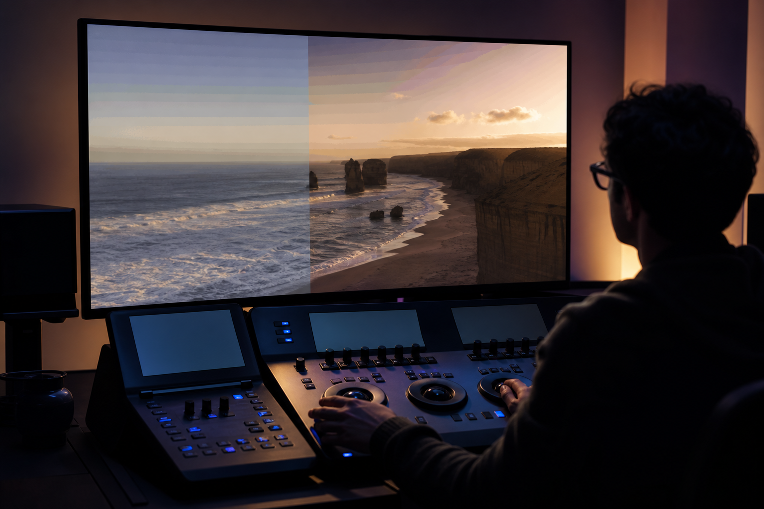 A monitor in a dark editing suite displaying color artifacts from AI footage.