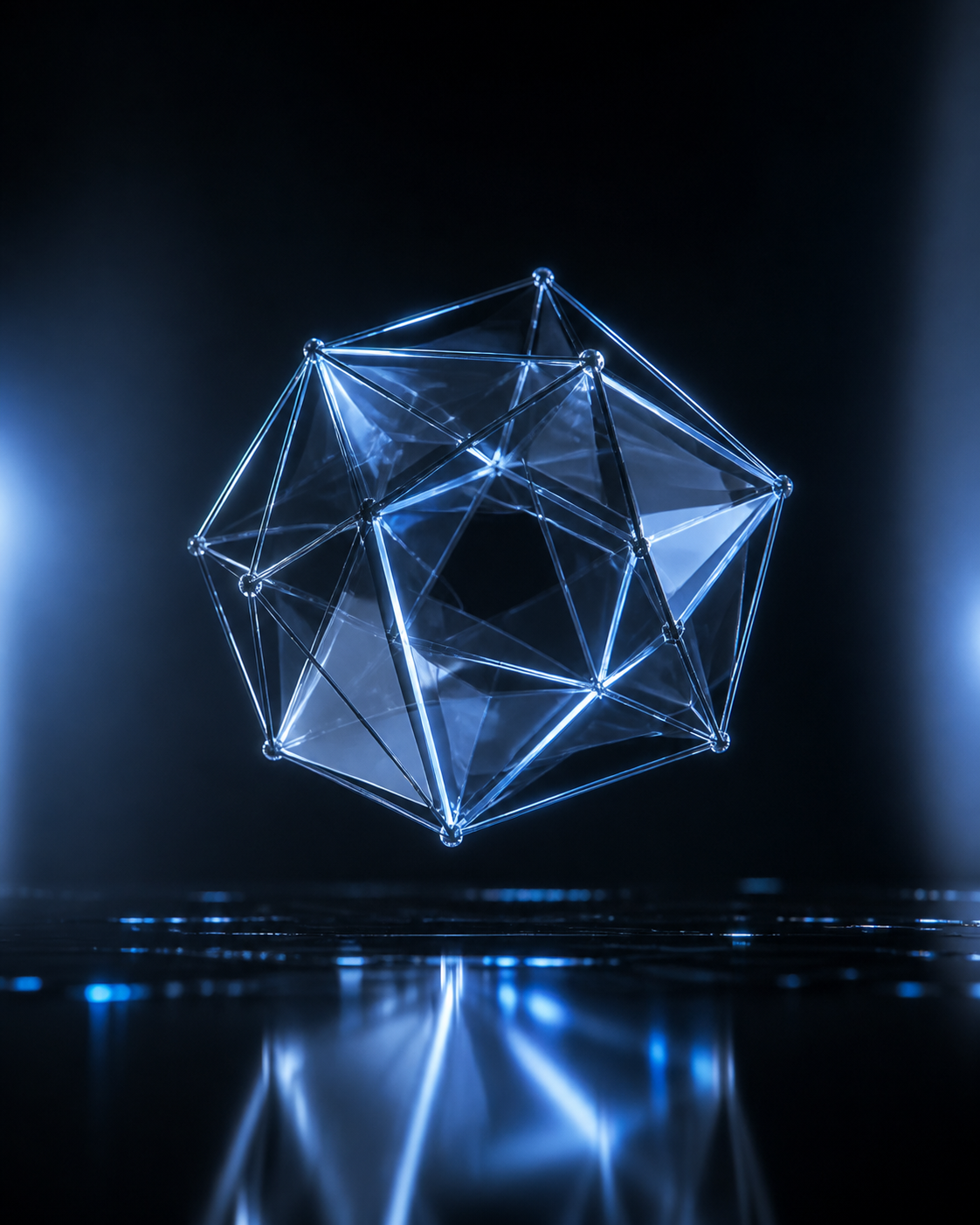 A photorealistic 3D rendered geometric shape floating above a dark reflective surface, symbolizing digital physics and spatial reasoning.