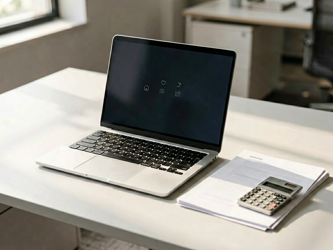 A modern office desk with a laptop displaying a blank screen, next to organized documents and a calculator, symbolizing the application process for tech subsidi