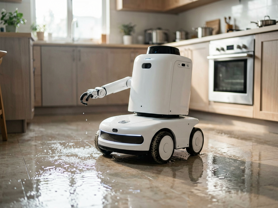 A service robot stabilizing itself after slipping on a wet kitchen floor, illustrating embodied AI's physical reasoning capabilities.