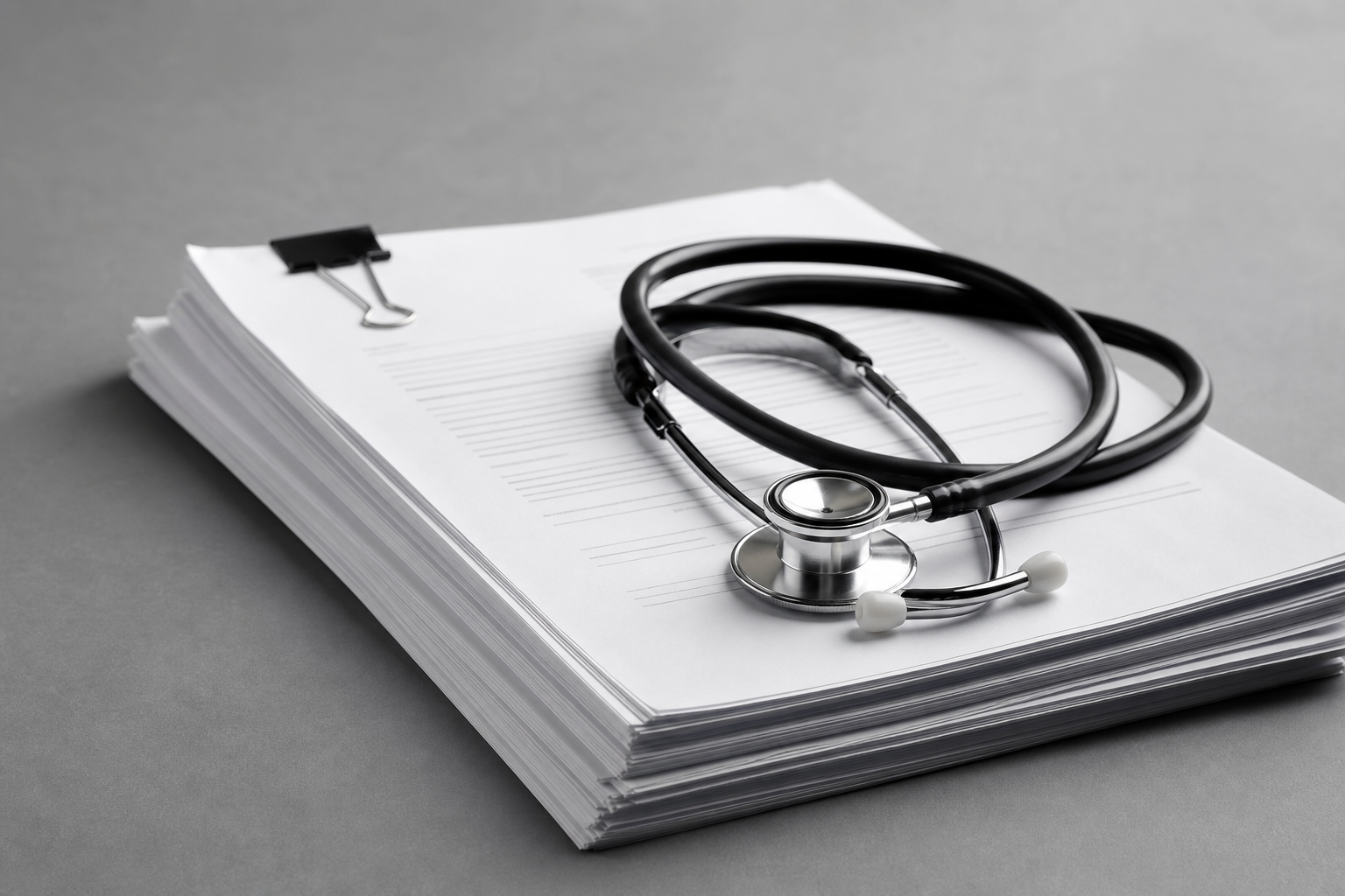 A close-up of a medical contract with a stethoscope resting on it, symbolizing the need for clear liability agreements in AI healthcare.