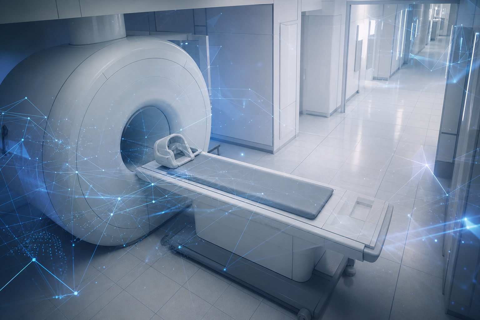 A modern hospital corridor blending digital data streams with clinical equipment