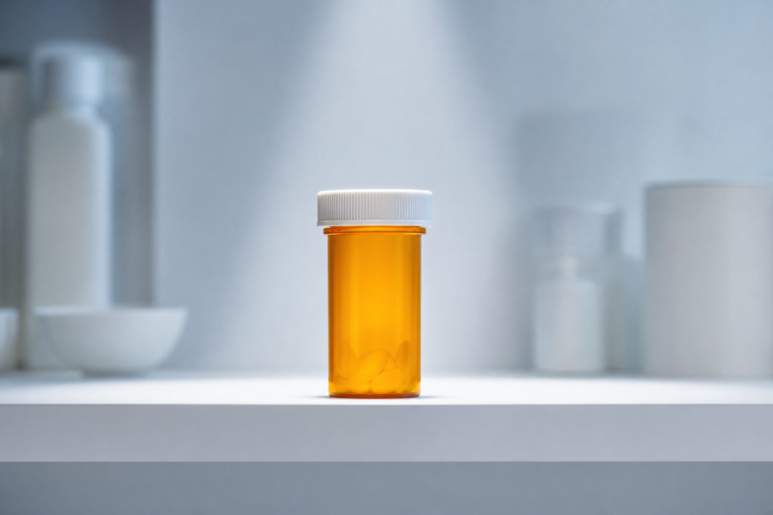 A close-up editorial shot of a modern pharmacy shelf with a single rare medication bottle highlighted by focused lighting, symbolizing precise identification.