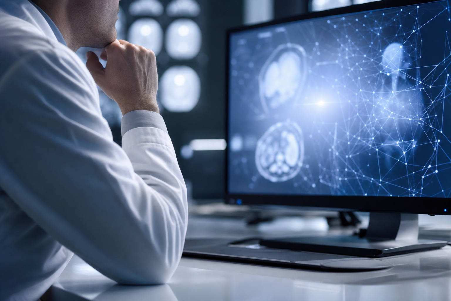A split-screen composition showing a doctor's hand holding a pen next to a digital interface highlighting medical data, symbolizing collaborative diagnosis.
