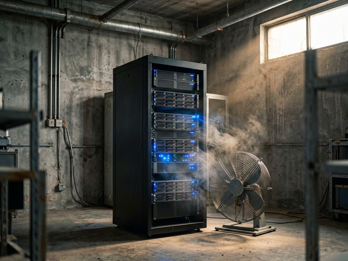 A high-tech server rack in a raw industrial factory room with a cooling fan.