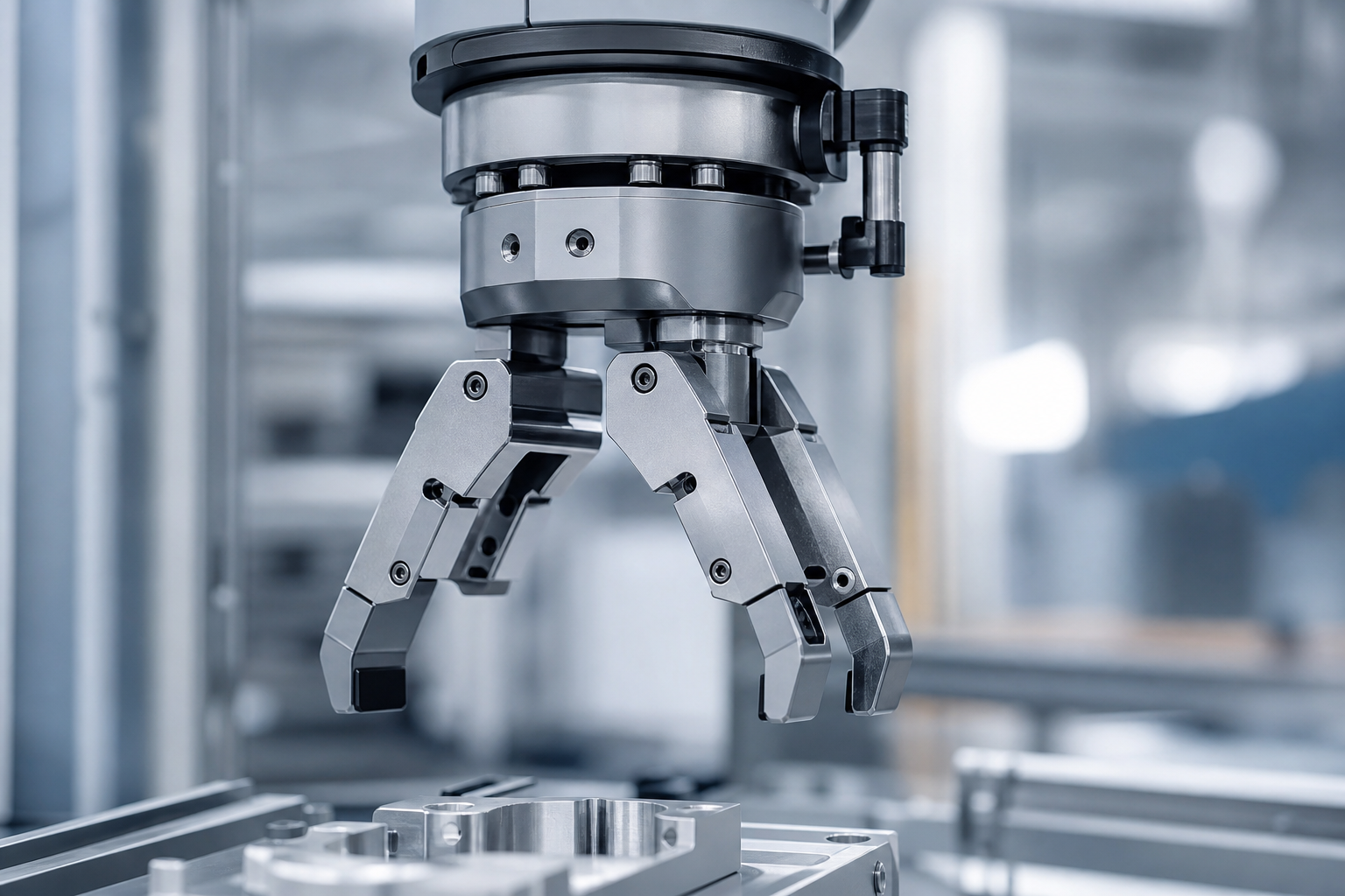 A close-up editorial shot of a high-tech industrial sensor or robotic arm component in a modern factory setting, symbolizing precise AI-driven automation.