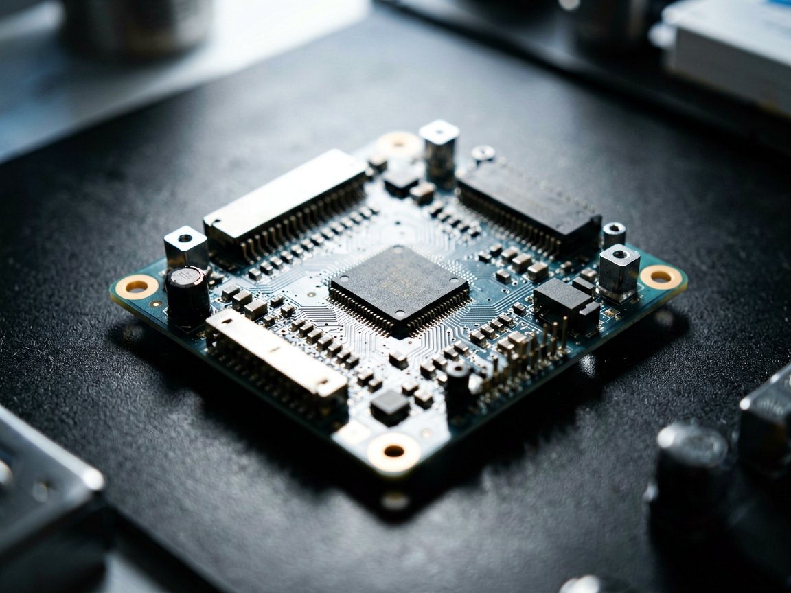 A close-up of a complex industrial circuit board under harsh inspection lighting, symbolizing the precision and difficulty of automated quality control.