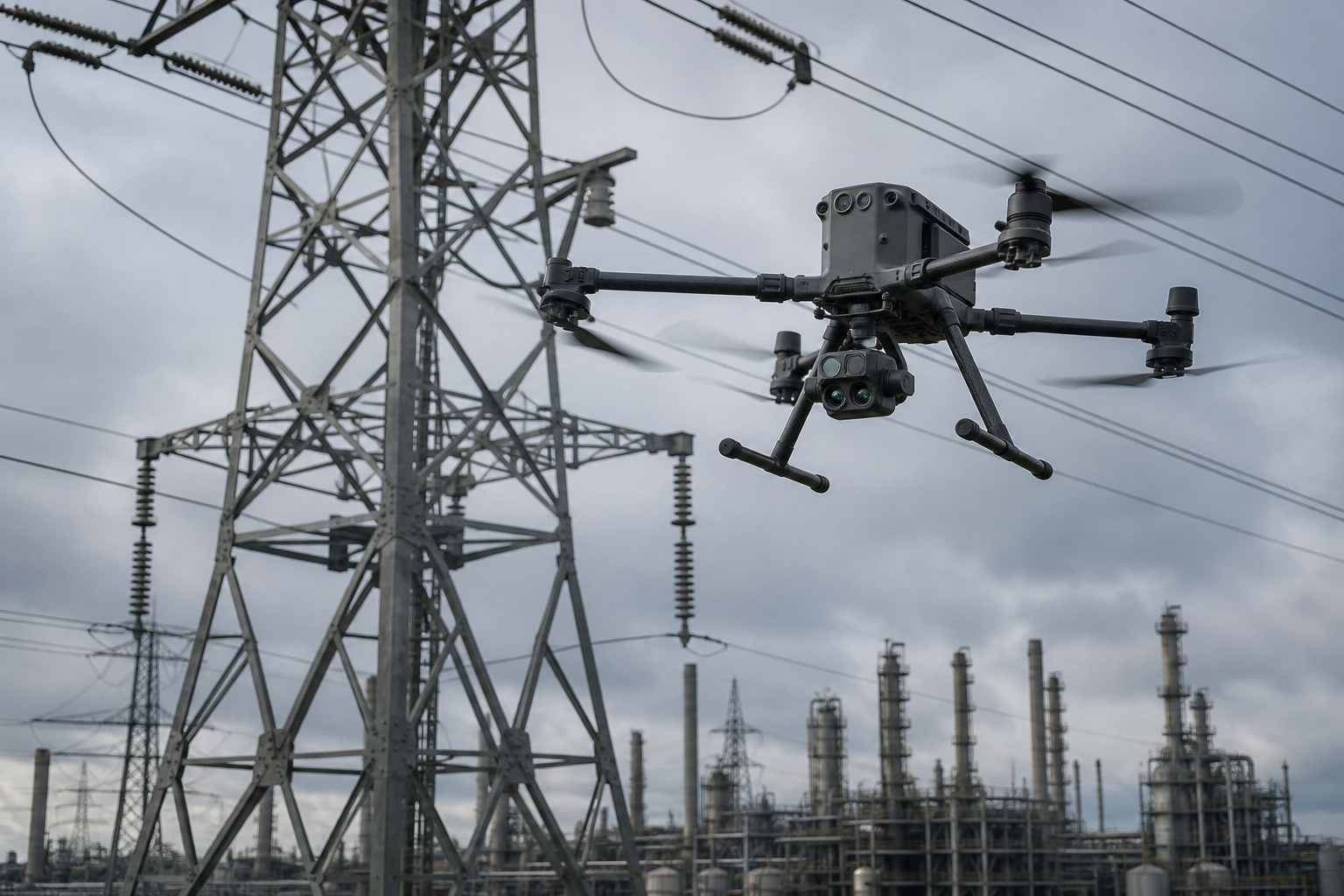 A drone hovering over high-voltage power lines against an industrial backdrop