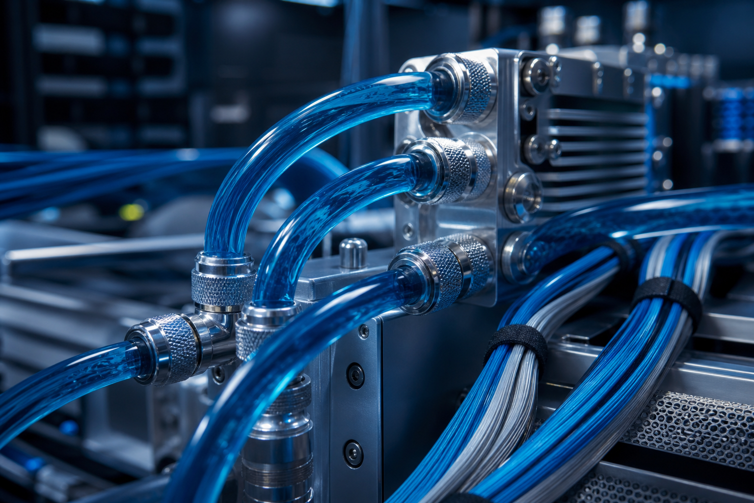 Close-up of high-tech server rack with liquid cooling tubes and fiber optics