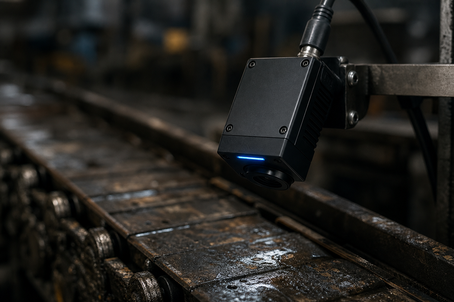 A modern AI vision sensor mounted above a rusty, decades-old industrial conveyor belt, symbolizing the clash between new AI and legacy factory infrastructure.