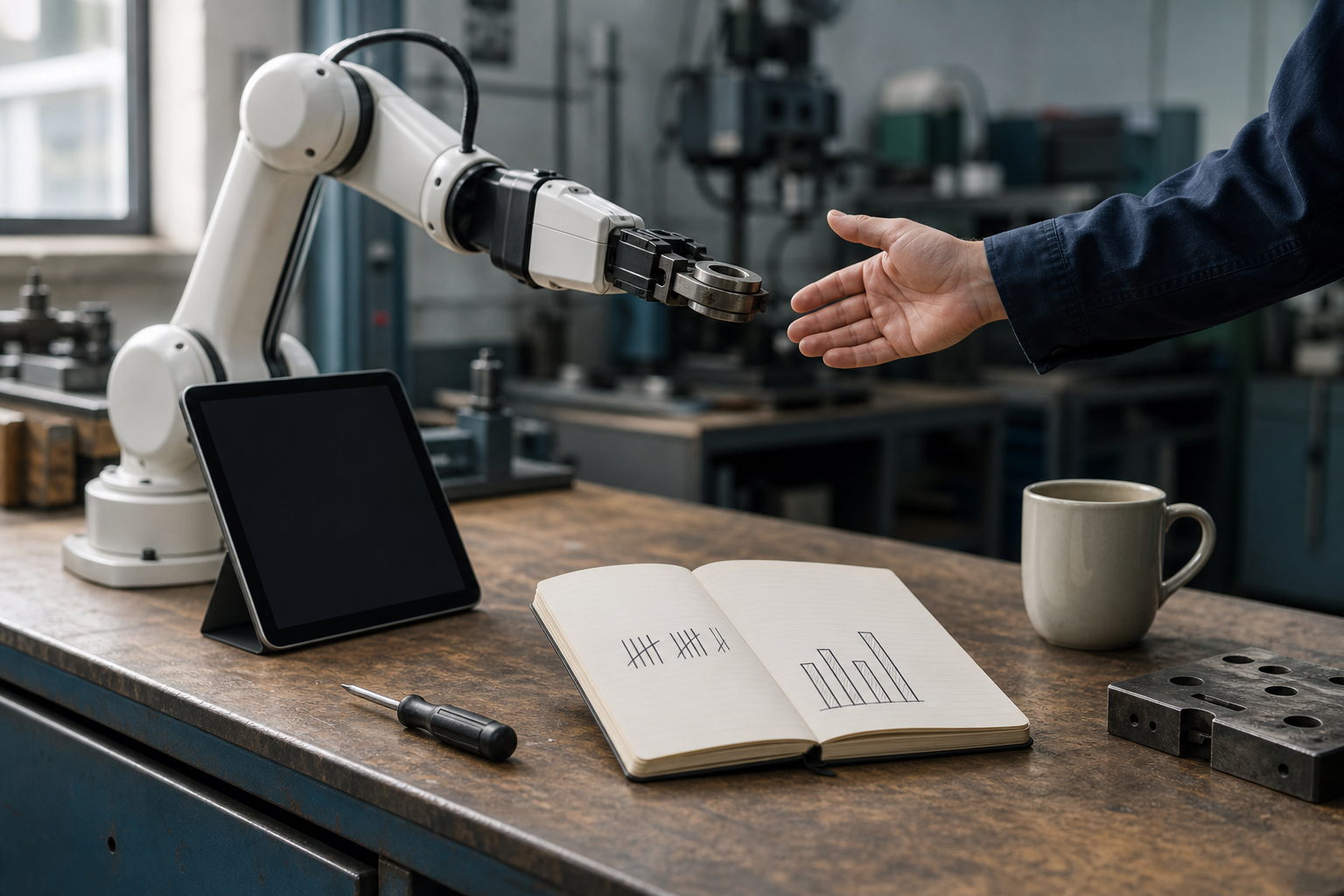 A factory workbench where a small robotic arm passes a component to a human hand, with a tablet showing a blank screen nearby, under cool industrial light.