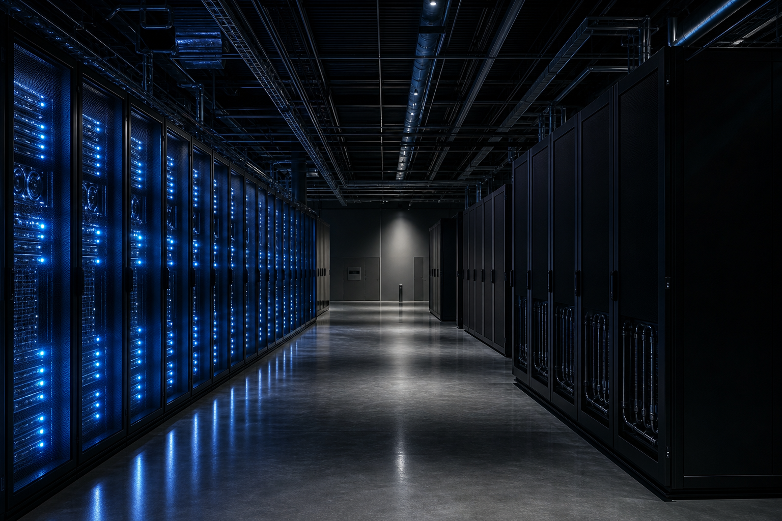 Dark data center with one row of servers lit and active, adjacent rows dark and empty