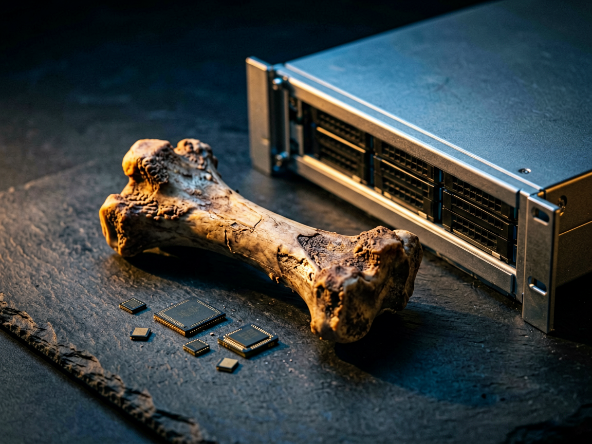 Editorial still life of a bone beside AI server components, symbolizing the hard challenges of AI implementation