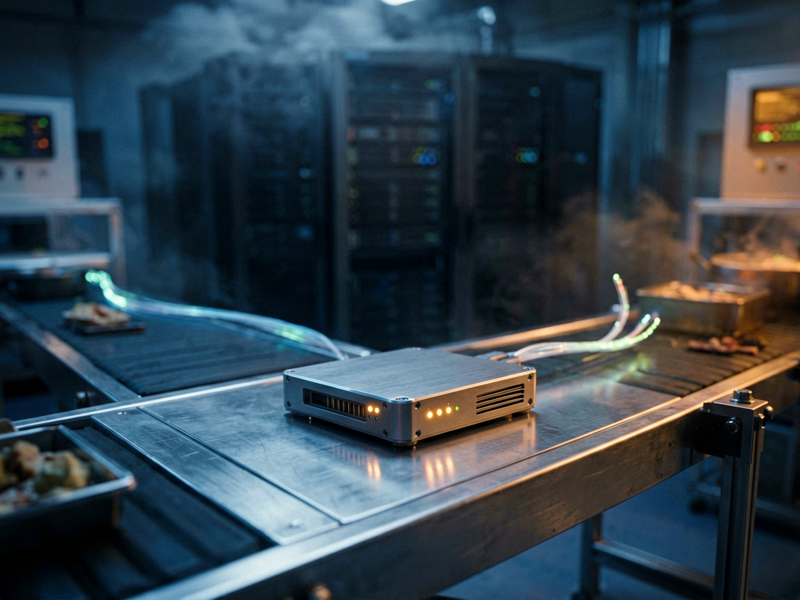 Editorial still life of a glowing edge computing module on a factory floor, with a faint cloud silhouette in the background, symbolizing the shift of AI compute