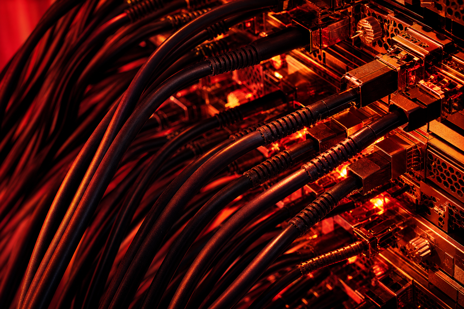 A close-up editorial shot of a complex, overheating server rack with glowing red heat indicators and tangled cables, symbolizing the high cost and thermal manag