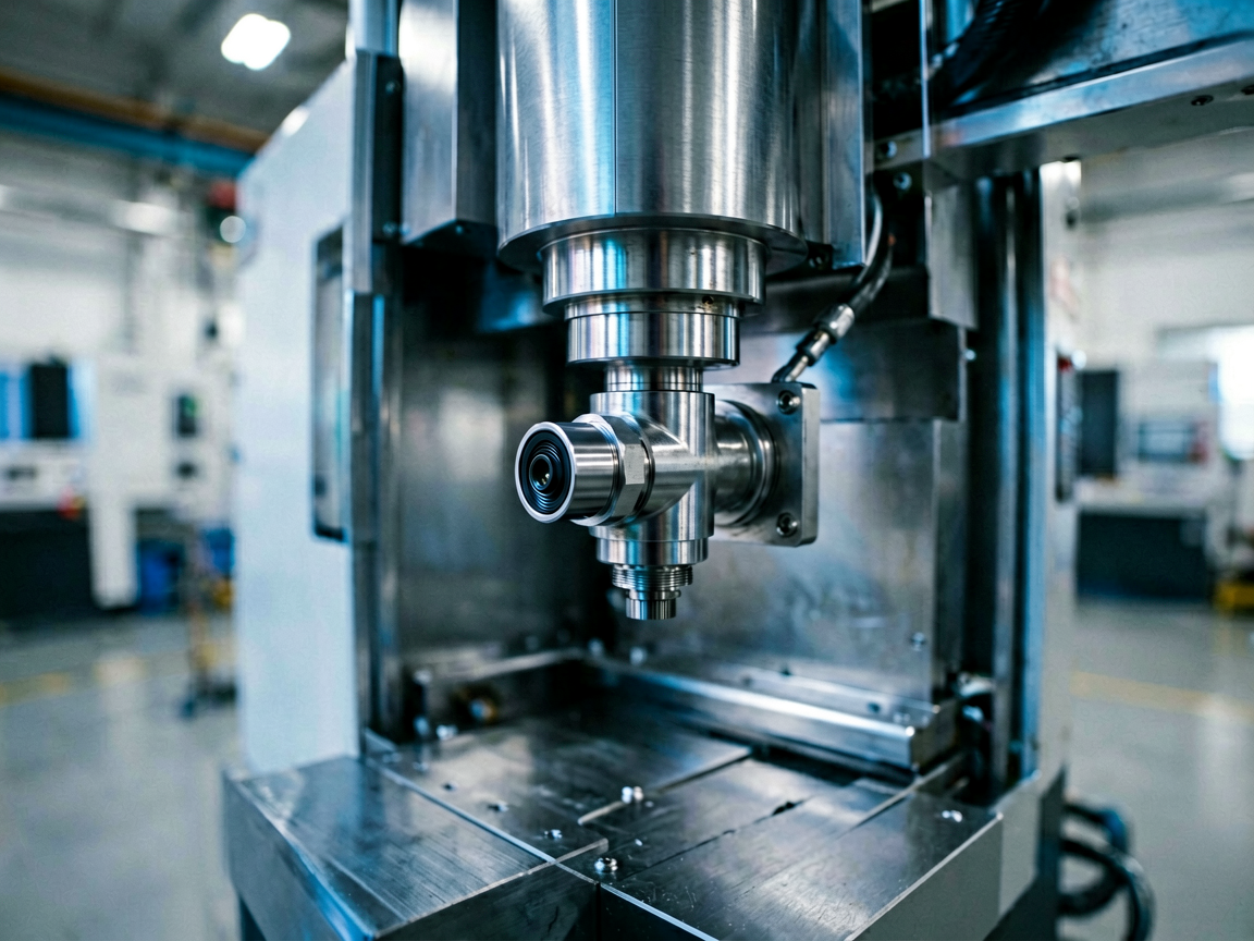 A close-up editorial shot of an industrial machine's vibration sensor and control panel in a factory setting