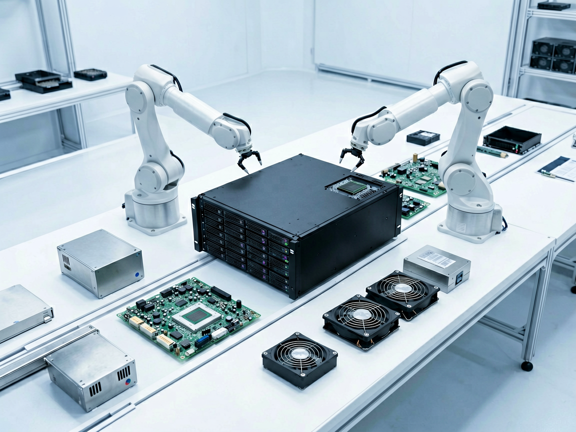 Modern server assembly line with robotic arms and modular components