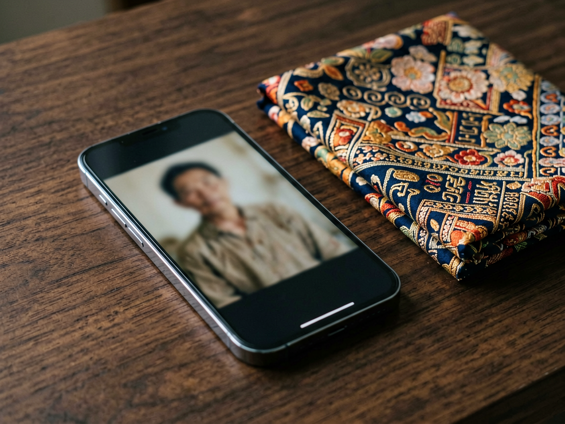 A close-up of a smartphone screen displaying an AI-generated video frame being reviewed by a hand holding a traditional Indonesian batik cloth, symbolizing cult