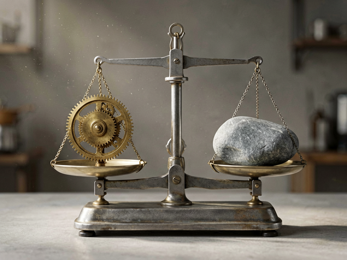 A macro editorial shot of a precision mechanical scale balancing a small, intricate gear mechanism against a smooth stone, symbolizing the trade-off between com
