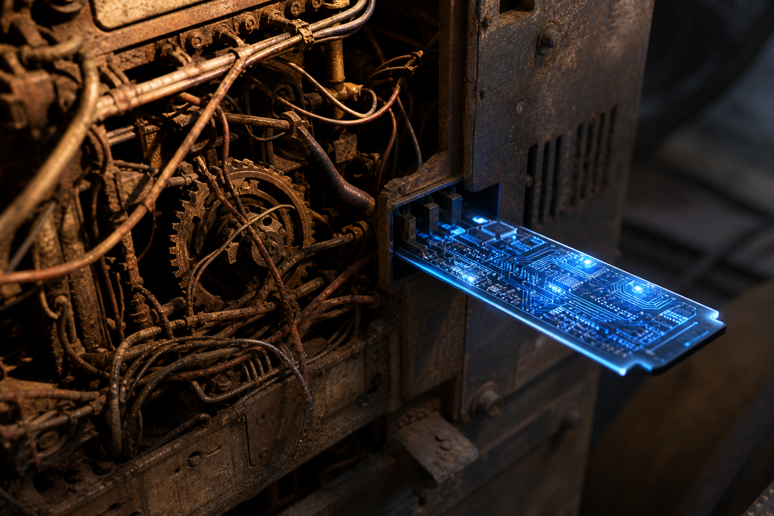 A glowing new circuit module connected to a tangled, dusty mass of old wires and gears inside a worn machine.