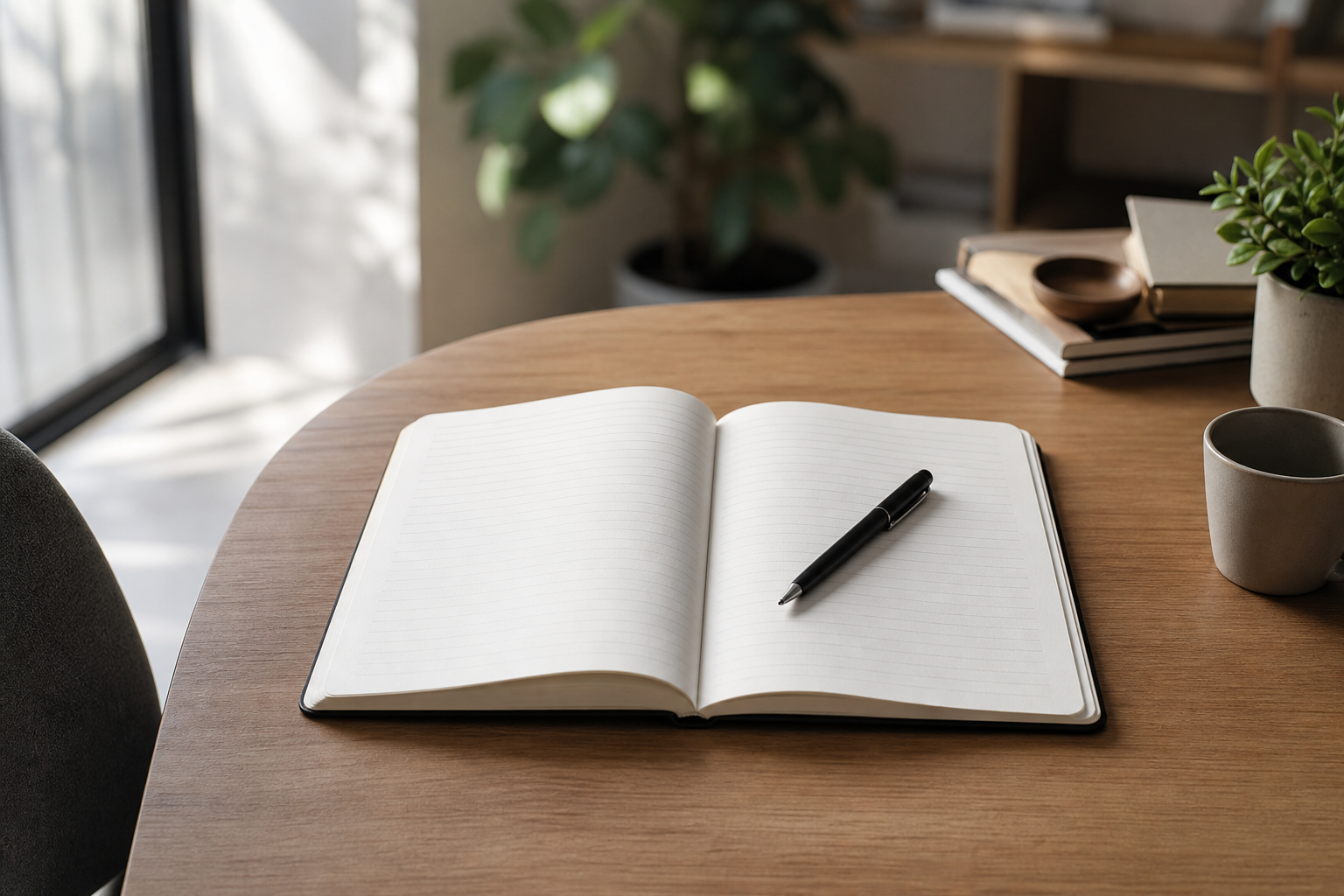 A minimalist desk scene with a notebook and pen, symbolizing the act of asking questions before building.