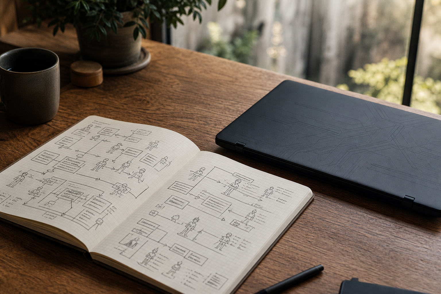 A minimalist desk setup showing a notebook with hand-drawn architectural diagrams next to a closed laptop, symbolizing human strategic thinking over automated c