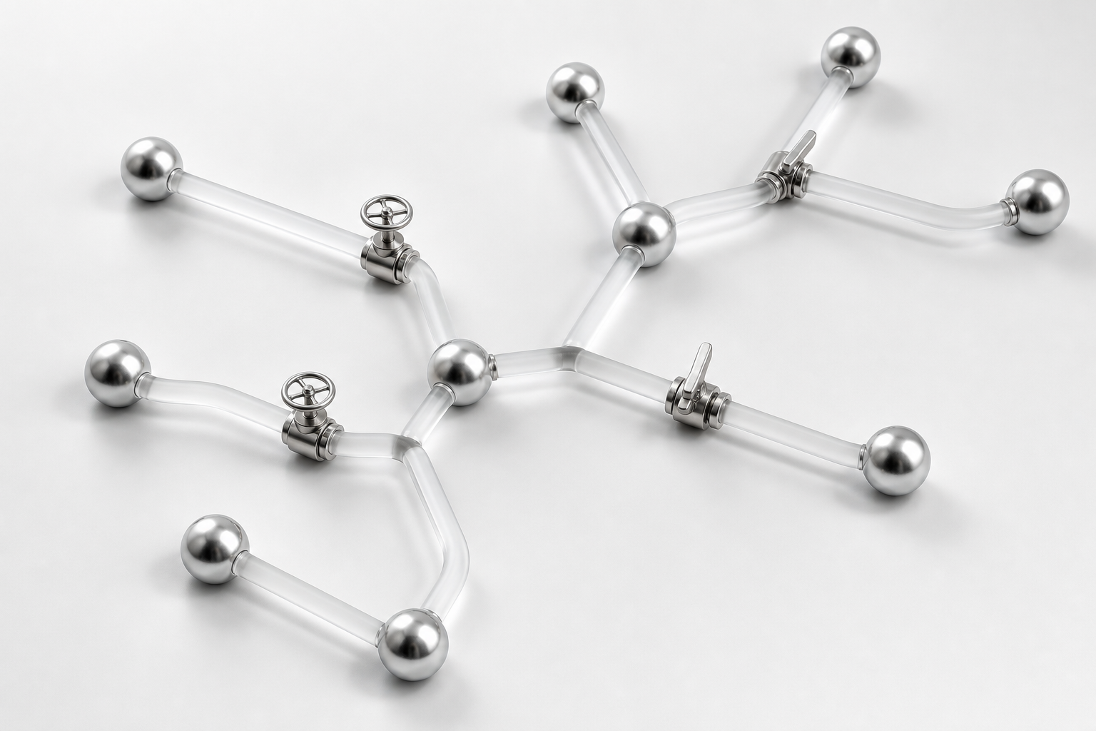 A minimalist physical model of a logic flow graph with spheres and tubes.