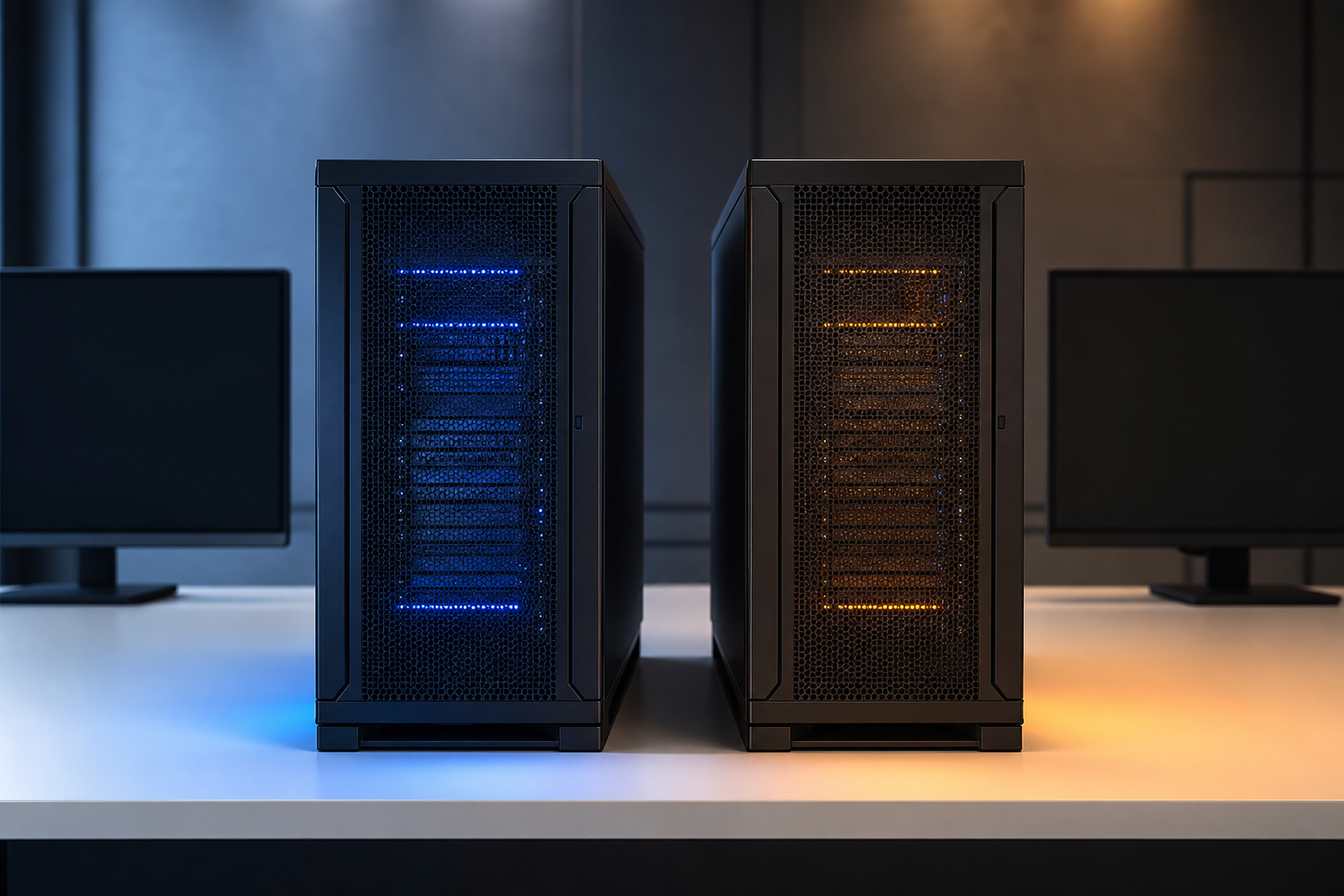A split composition showing two distinct server rack environments under different lighting conditions, symbolizing the comparison between vLLM and TensorRT-LLM 