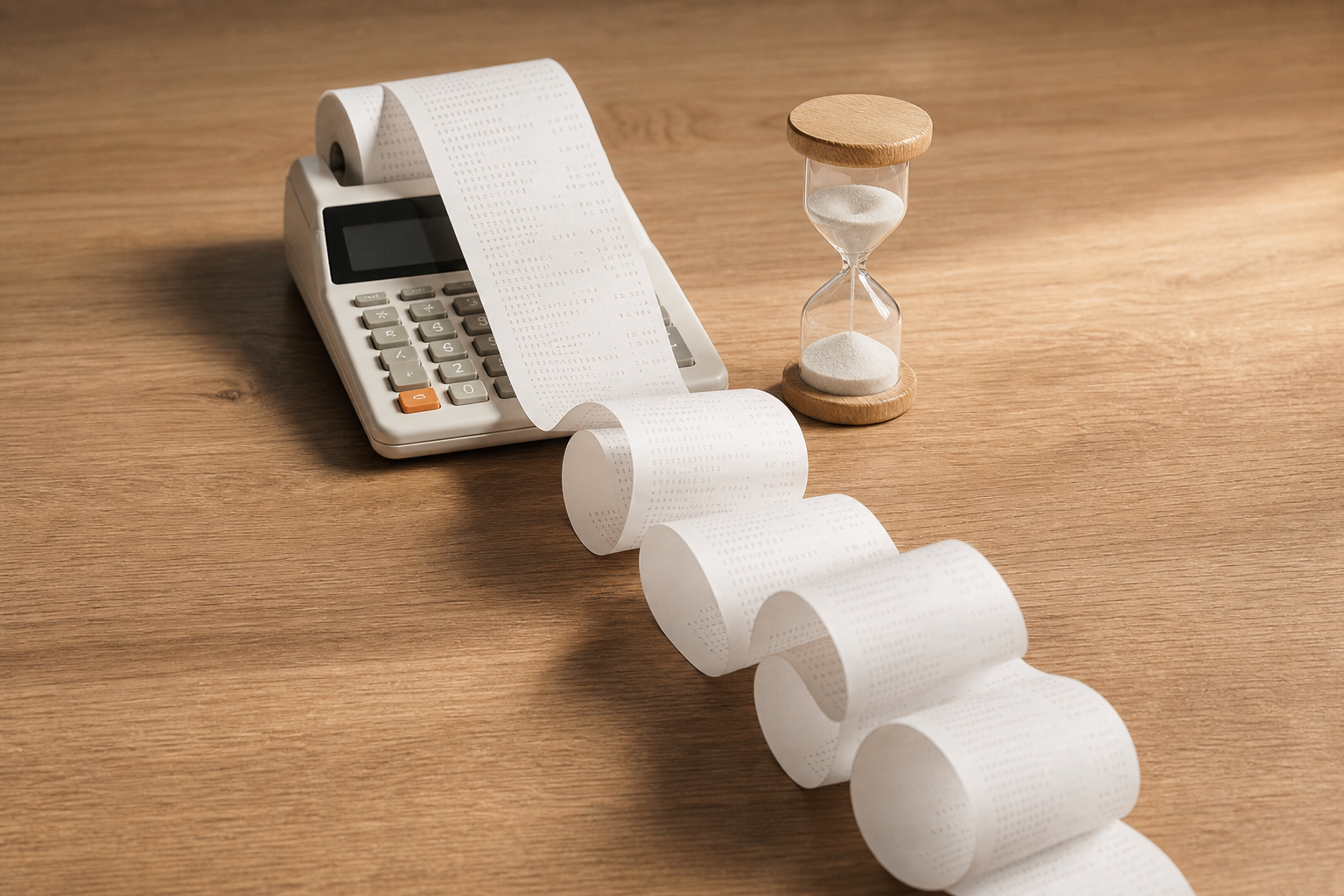 A long, complex receipt curling out of a calculator on a desk, symbolizing opaque token billing.