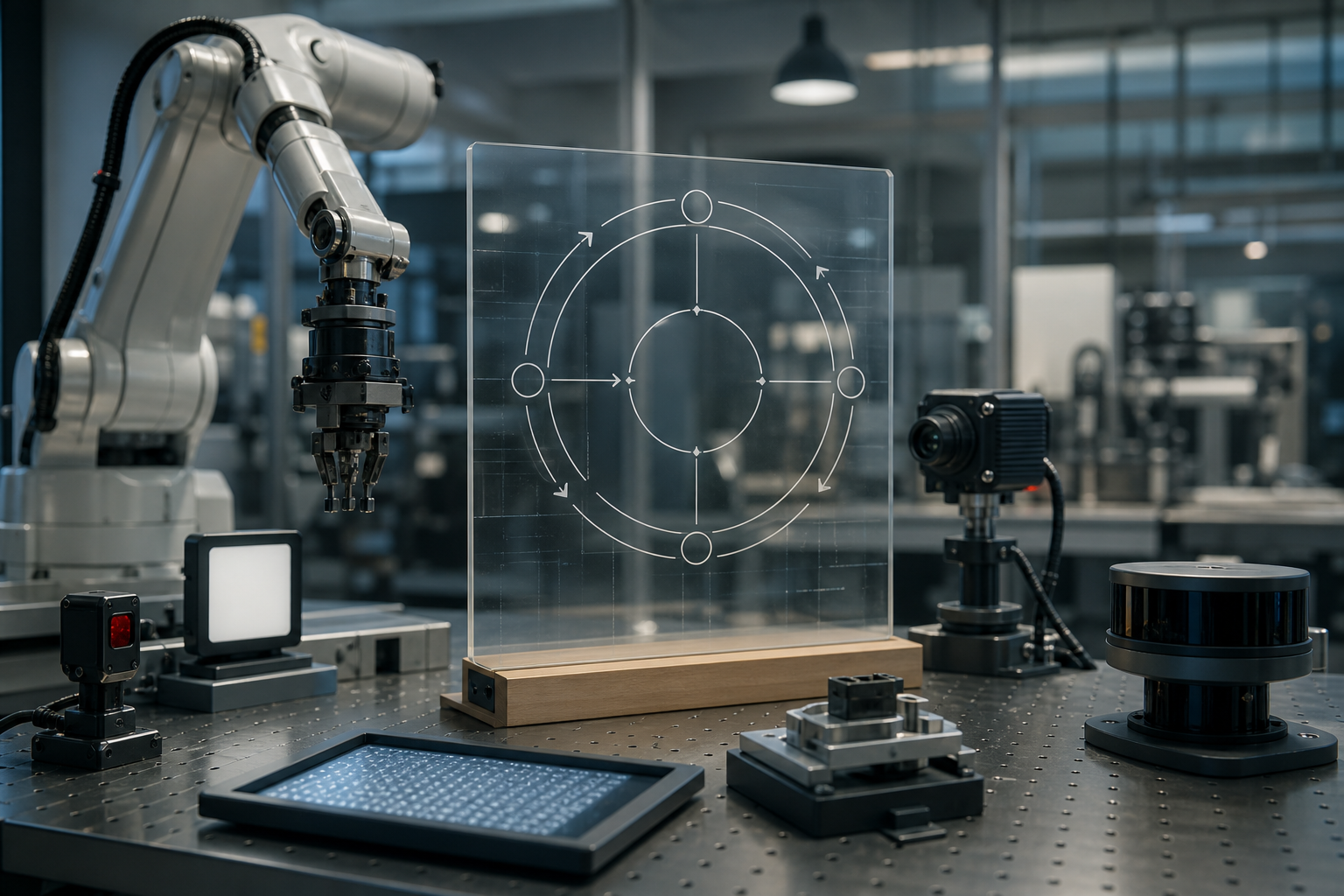 Industrial still life symbolizing AI's transition to closed-loop scenario validation.