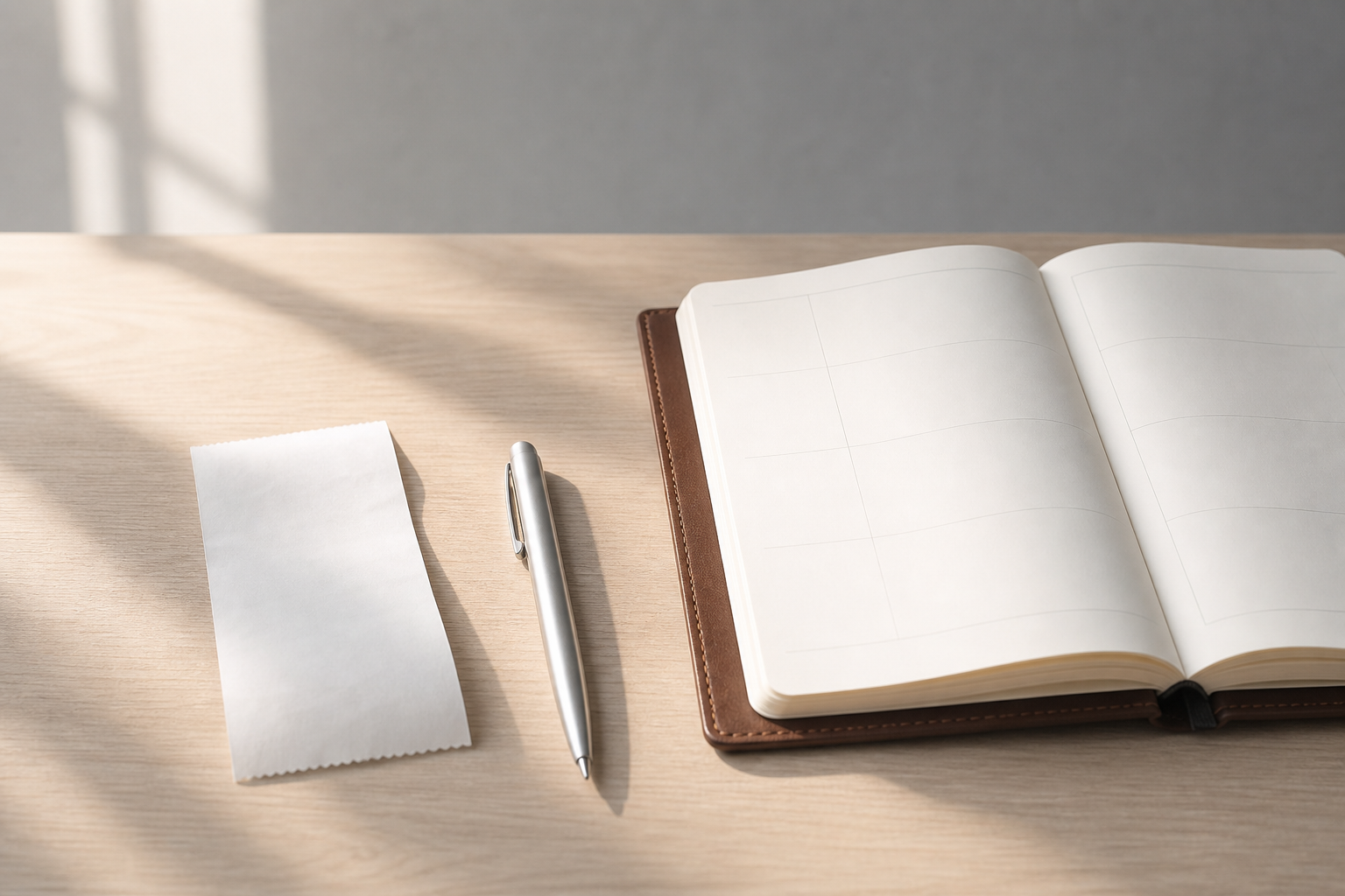 A minimalist desk scene showing an automated workflow in progress, with a receipt and calendar subtly integrated into the environment without screens or text.