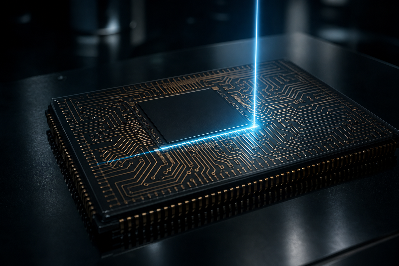 A macro shot of a semiconductor chip being scanned by a precision laser line.
