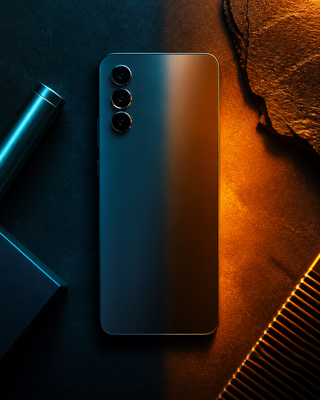 A sleek smartphone on a dark matte surface with split cool blue and warm amber lighting.