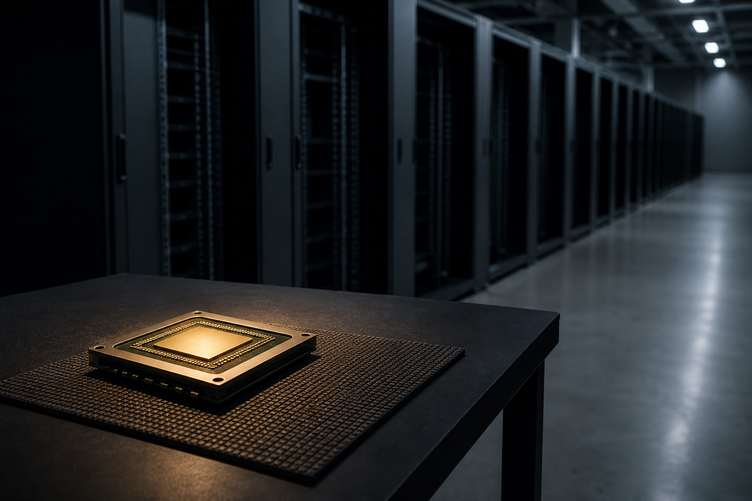 A single chip beside an empty server hall, watchful.