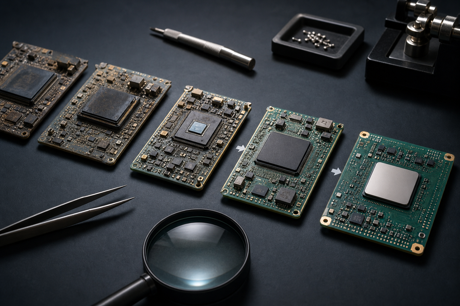 Editorial conceptual image of a methodical chip migration process