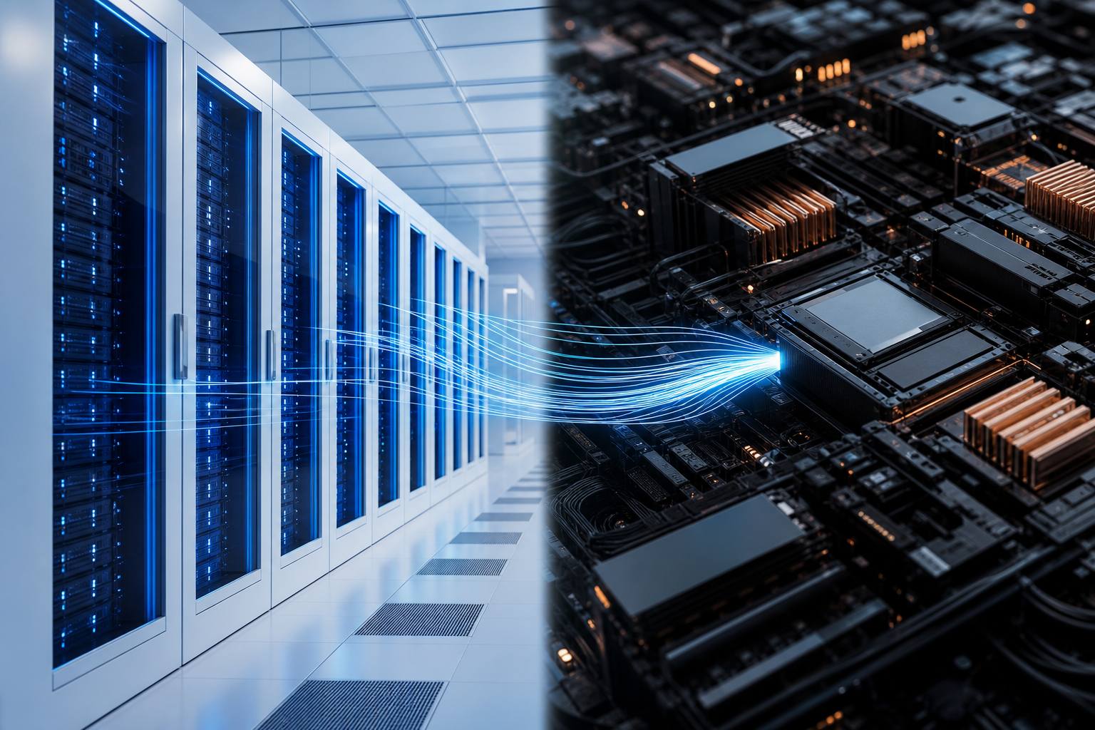 A conceptual editorial image showing a split workspace with high-end server racks transitioning into a more rugged, industrial computing setup, symbolizing the 