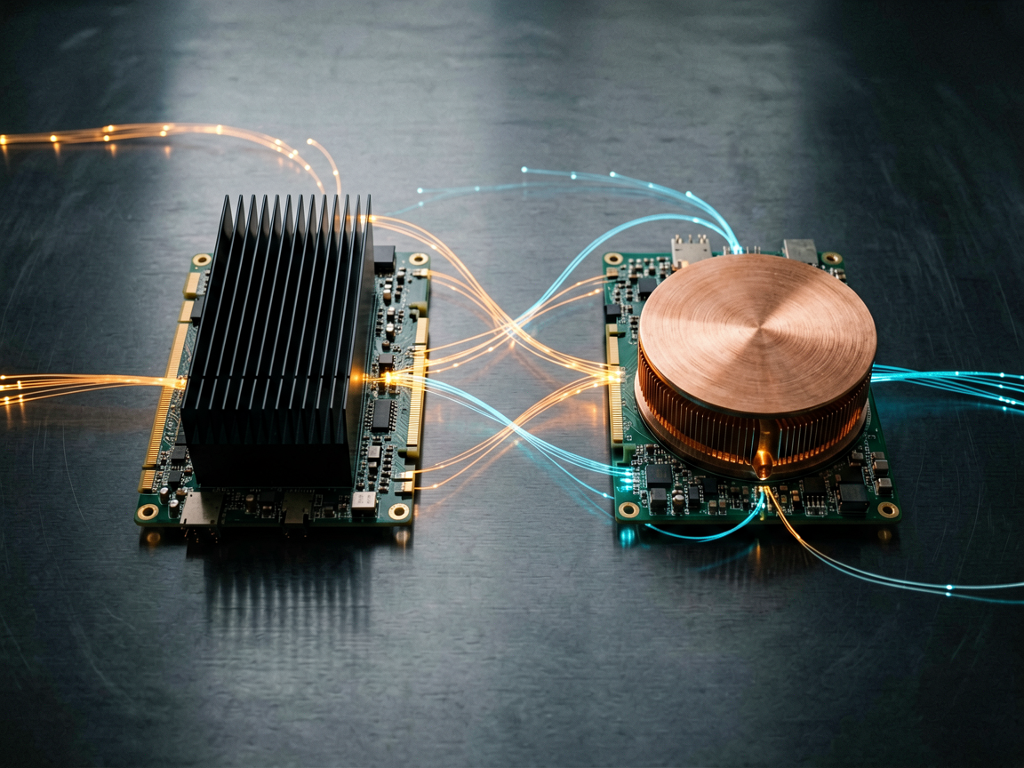 Editorial still-life of two distinct AI accelerator circuit boards on a dark surface, connected by fiber-optic light paths, symbolizing heterogeneous chip clust