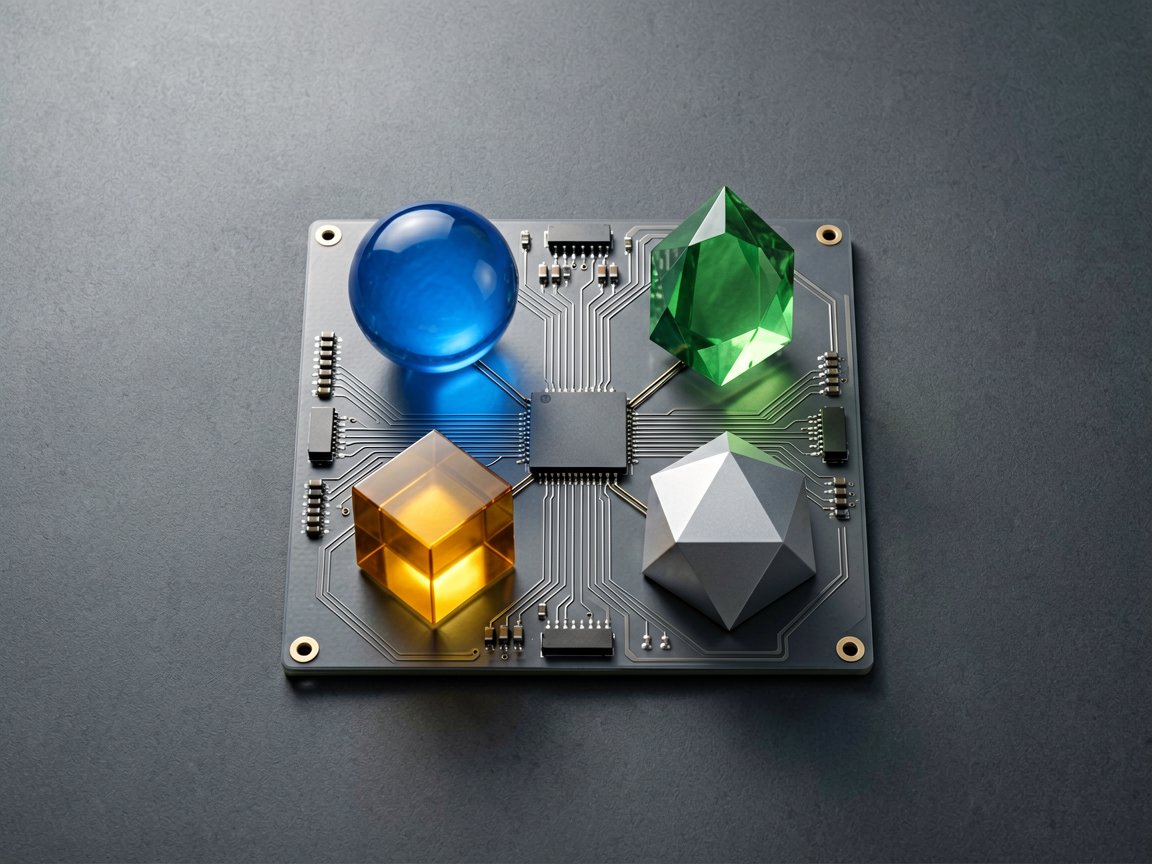 Four distinct, colorful, crystalline AI model cores sit on a single, sleek circuit board platform, each glowing with a different color.