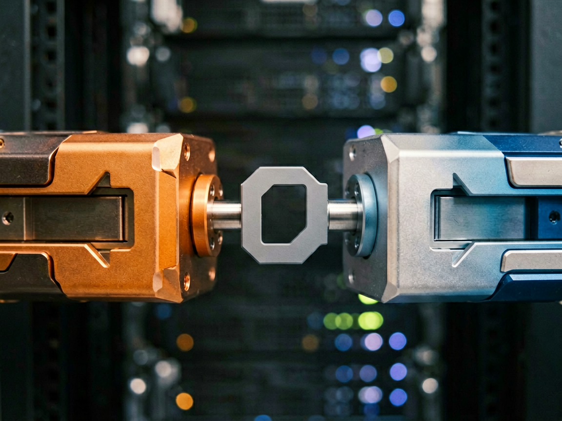 Abstract representation of two distinct geometric structures interlocking seamlessly within a modern server rack environment.