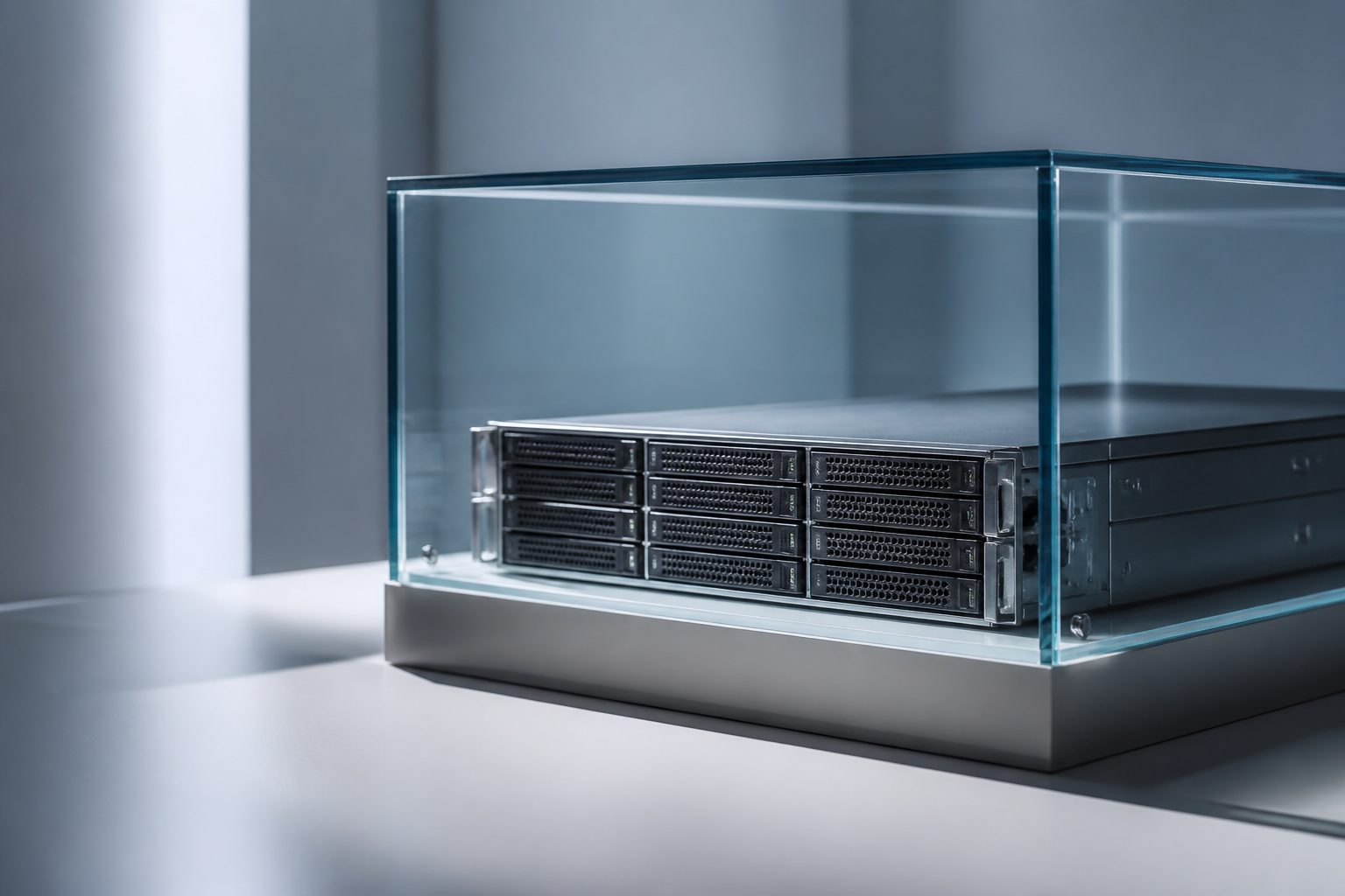 A conceptual editorial image showing a secure, isolated data vault or server rack separated by a glass barrier, symbolizing data sovereignty and compliance.