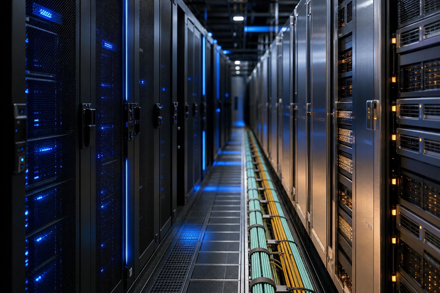 Two distinct server rack sections in a modern data center, representing separate training and inference hardware.