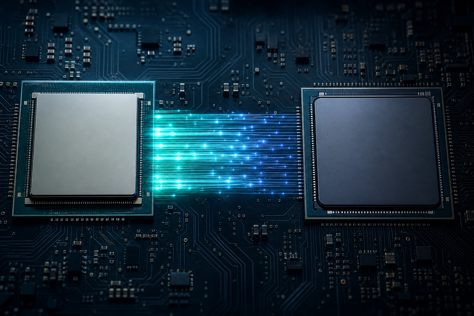 Editorial illustration of two distinct AI accelerator chips on a circuit board with data flowing through narrow bandwidth channels