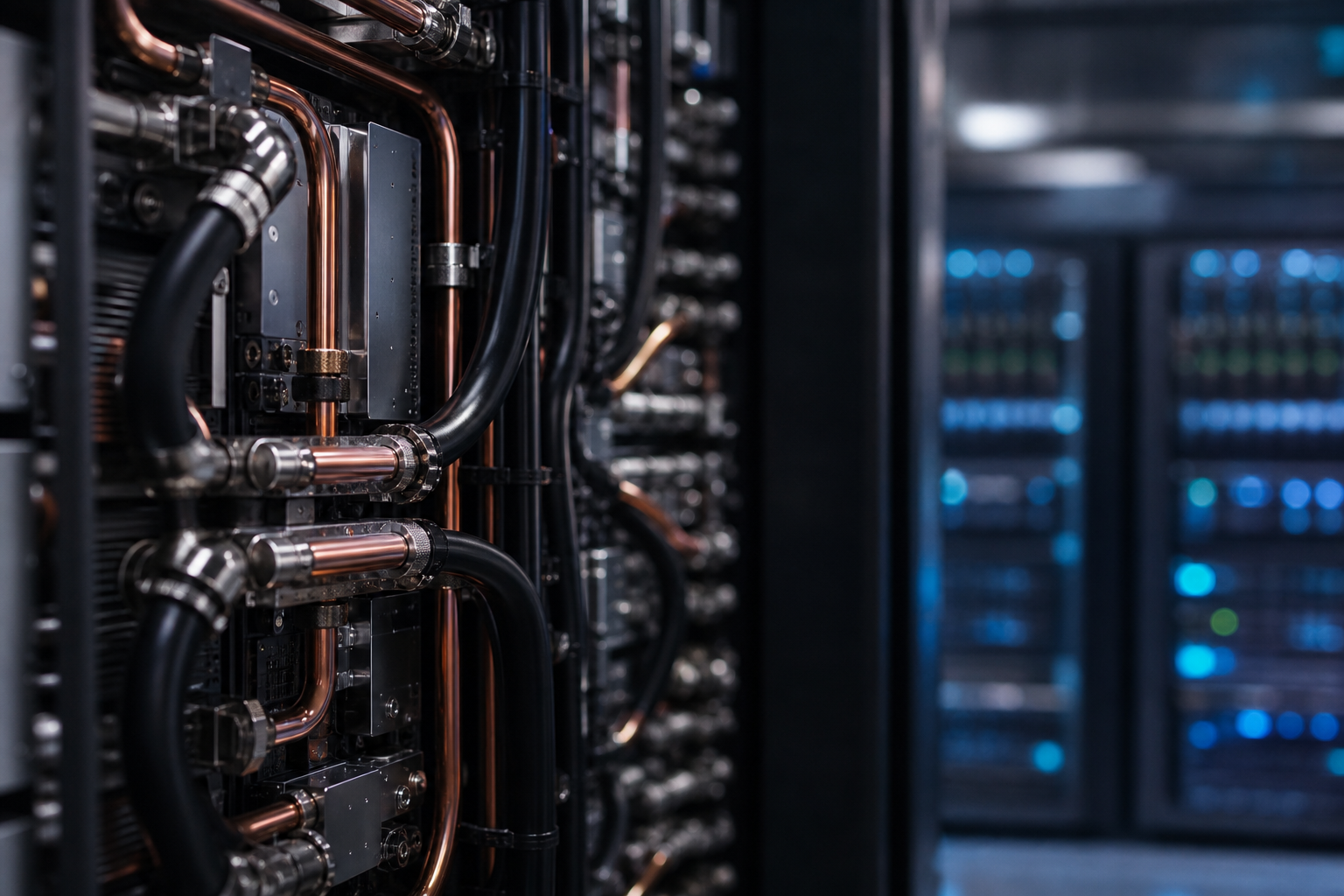 Close-up of high-density server rack components with liquid cooling pipes, emphasizing hardware details over abstract data.