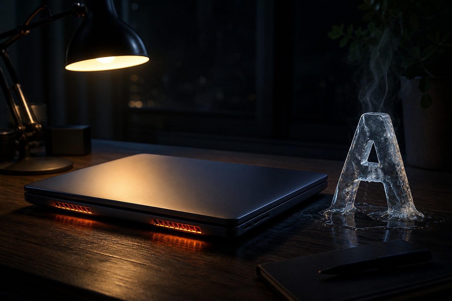 A sleek MacBook Pro on a dark desk at night, its fan vent glowing with heat, while a single character slowly materializes on the screen, visualized as a physica